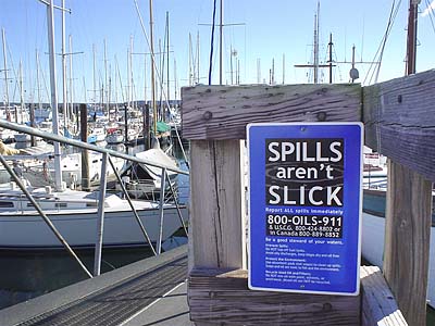 A Spills aren’t Slick sign posted at Port Townsend Marina in Washington.