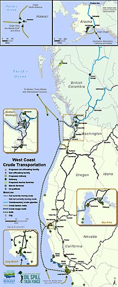 Map of current rail routes, interstate pipelines and barges transporting crude across the West Coast.